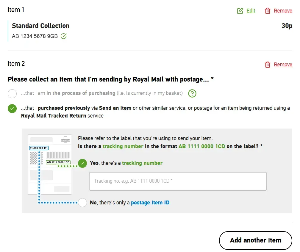 Royal Mail Add another item button for booking another parcel