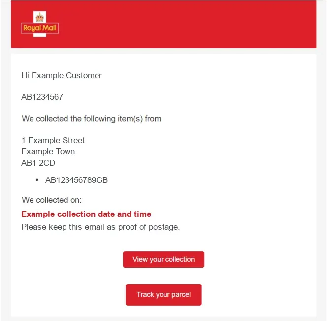 Royal Mail email confirming that a parcel has been collected