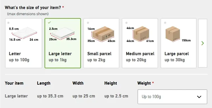 Royal Mail parcel size and weight selection screen