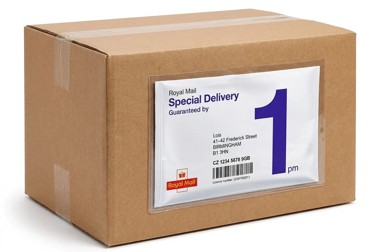Prepaid Royal Mail Special Delivery envelope attached securely to the outside of a box
