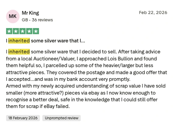 Trustpilot review from an executor praising payout and same-day payment.