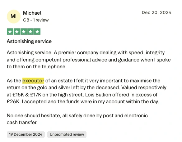 Trustpilot review mentioning inherited gold, silver and coins with quick payment.