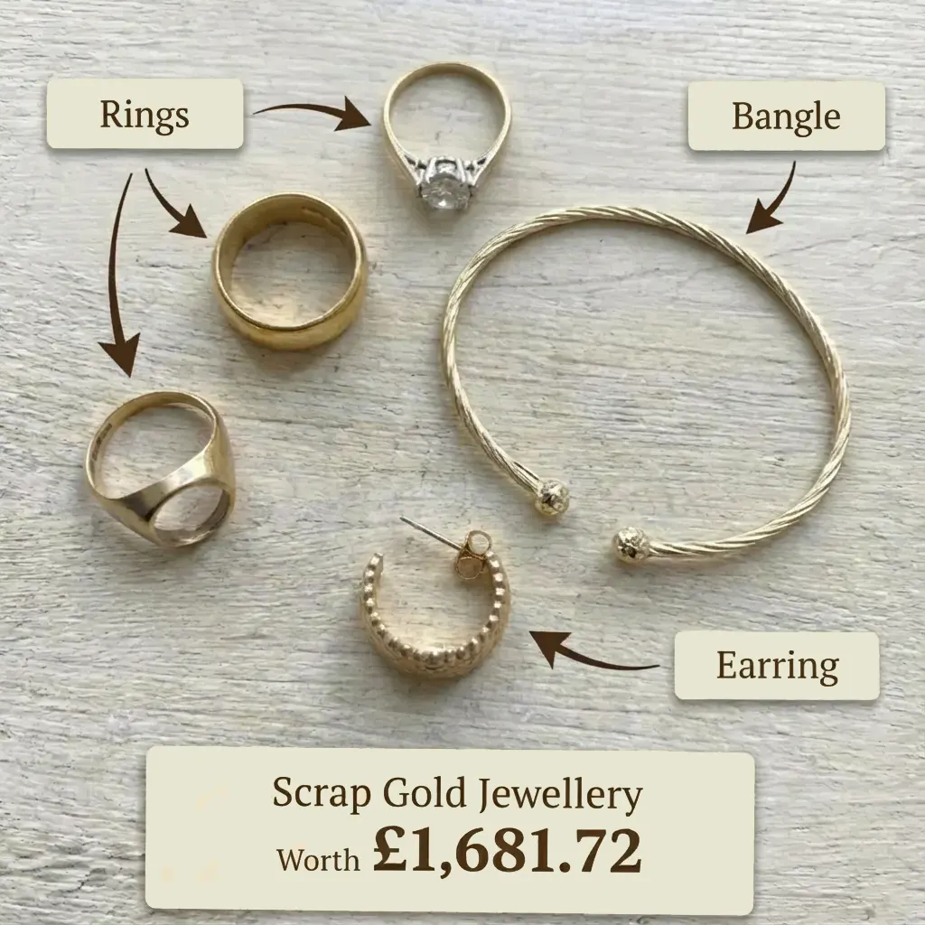 Scrap gold jewellery collection with rings, a bangle and a single earring