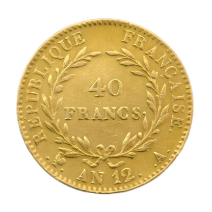 French 40 Francs Gold Coin, Napoleon First Consul Bare Head 1802-1804 AN 11-12
