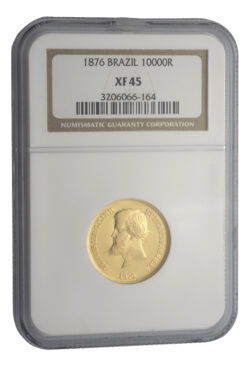 1876 Brazil 10,000 Reis Gold Coin NGC XF 45