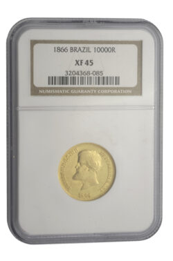 1866 Brazil 10,000 Reis Gold Coin NGC XF 45