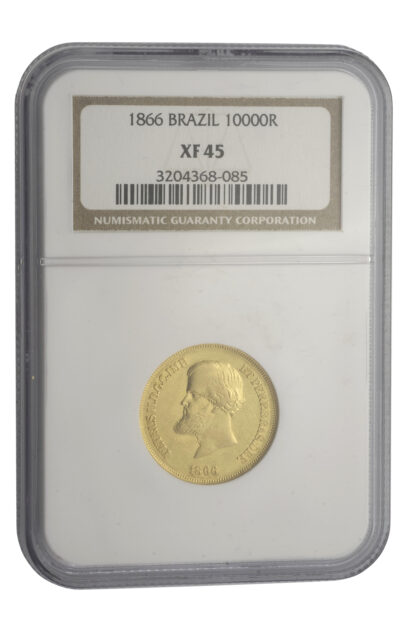 1866 Brazil 10,000 Reis Gold Coin NGC XF 45 - Image 2