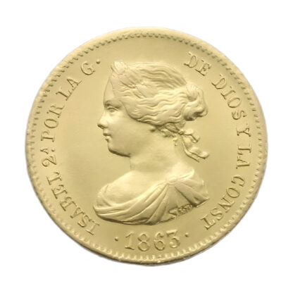 1863 Spanish 40 Reales Isabel II Gold Coin - Image 2