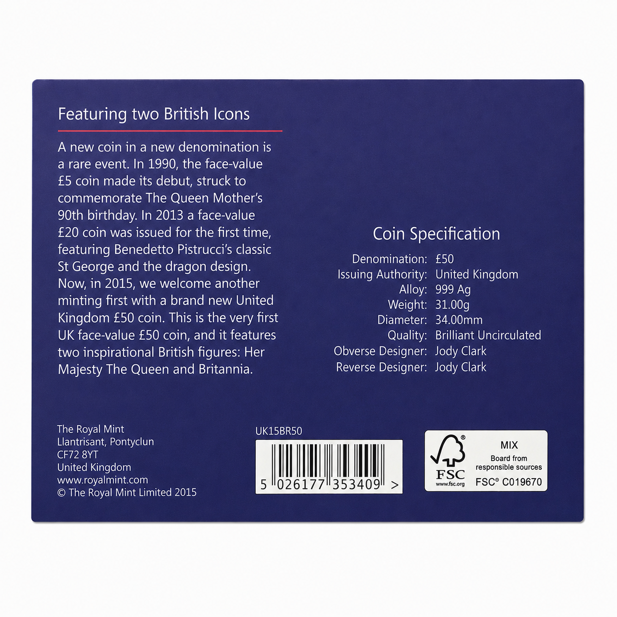 2015 Britannia £50 Silver Coin - Image 2