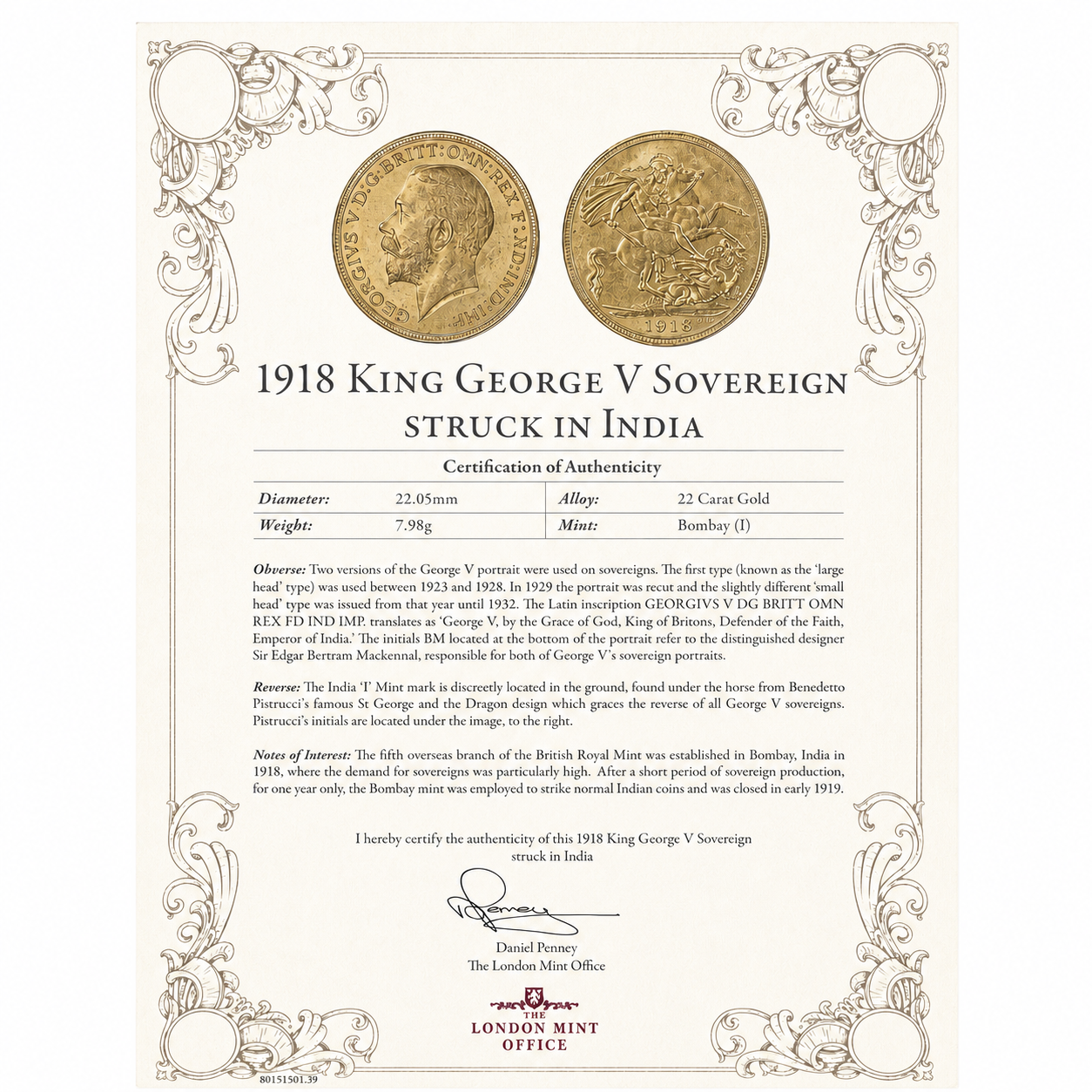 1918 Full Sovereign Gold Coin Bombay Mint - Image 3