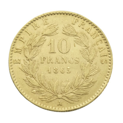 1865 French 10 Francs Napoleon III Laureate Head 'A' Gold Coin