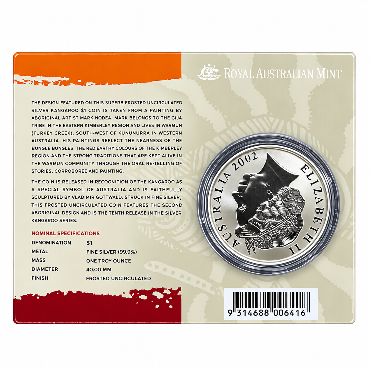 2002 Australian $1 Kangaroo Frosted Uncirculated Silver Coin - Image 2