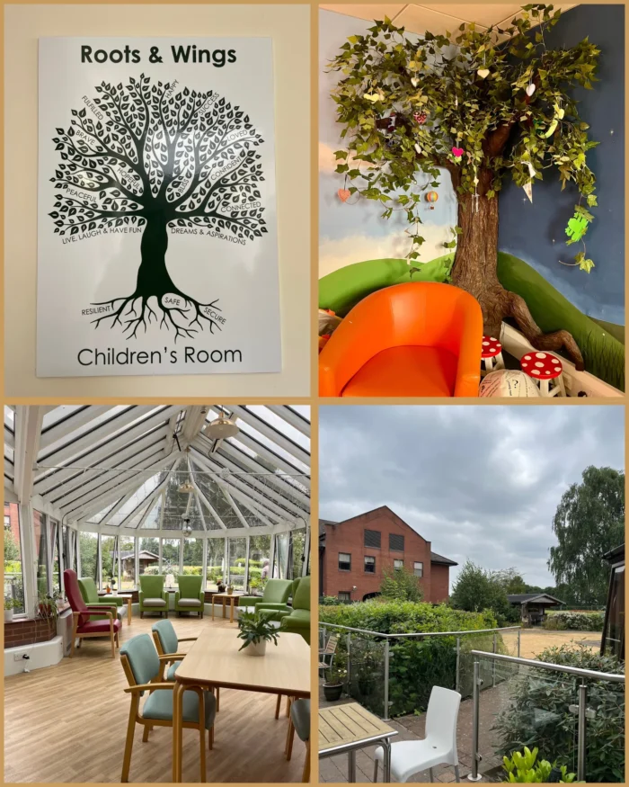 Collage of the Birmingham Hospice children’s room, conservatory and gardens