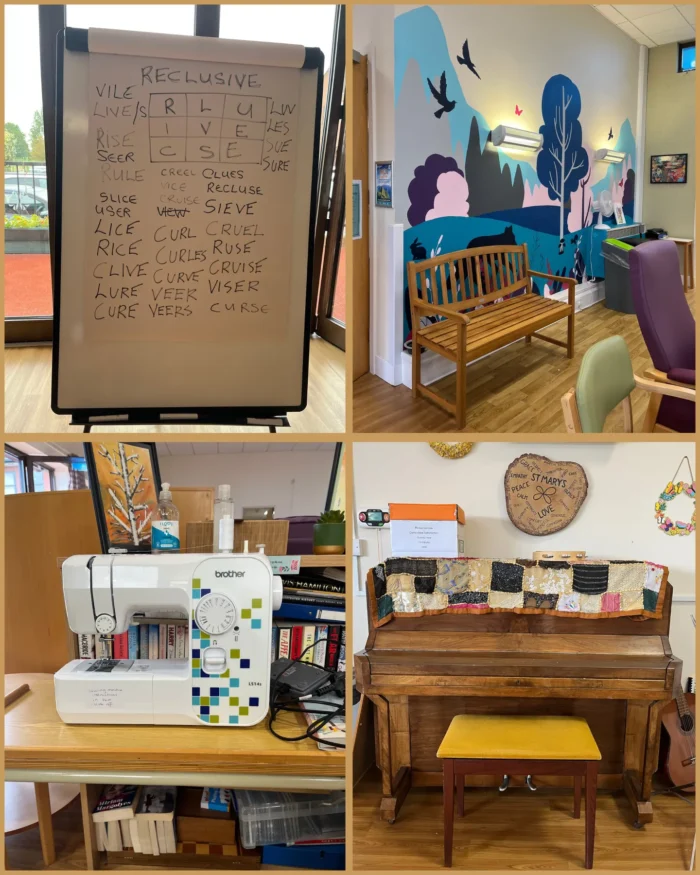 Collage of activity and creative spaces at the Birmingham Hospice Living Well Centre