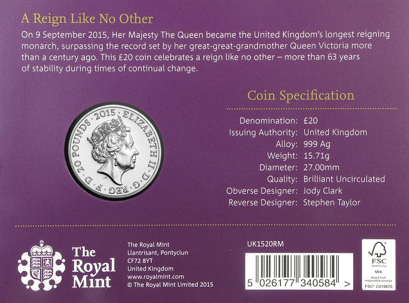 2015 The Longest Reigning Monarch £20 Silver Coin - Image 2