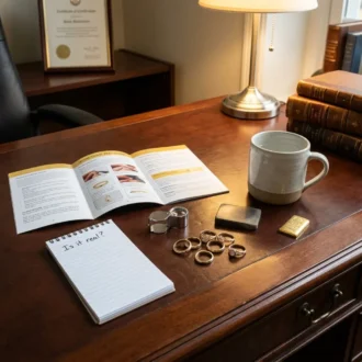 Gold jewellery, hallmarks and testing equipment used to identify real gold and distinguish it from plated jewellery.